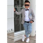Riccotarz Erkek Çocuk Çizgili Blazer Ceket Kot Pantolon Gri Alt Üst Takım - 7 - 8 Yaş