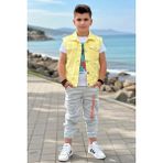 Riccotarz Erkek Çocuk Sırtı Tiger Yazı Baskılı Kolsuz Sarı Kot Ceket ve Baskılı T-Shirt Alt Üst Takım - 7 - 8 Yaş