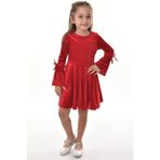 Riccotarz İspanyol Kollu İp Bağlamalı Simli Kırmızı Kadife Kız Çocuk Elbise