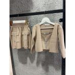 Riccotarz Kız Çocuk Askılı Bluz Hırka ve Elmas Taş Işlemeli Cepli Bej Triko Etekli Takım - 9 - 10 Yaş