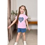 Riccotarz Kız Çocuk Göğsünde Dantel Işleme Kalp Detaylı Pembe T-Shirt Beli Lastikli Şortlu Takım - 7 - 8 Yaş