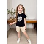 Riccotarz Kız Çocuk Göğsünde Dantel Işleme Kalp Detaylı Siyah T-Shirt Beli Lastikli Şortlu Takım - 3 - 4 Yaş