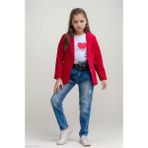 Riccotarz Kız Çocuk Kalp ve Little Baskılı Tişört ve Jean Kırmızı Blazer Ceket Alt Üst Takım - 5 - 6 Yaş