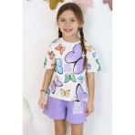 Riccotarz Kız Çocuk Kelebek Desenli Kısa Kollu Mor Şortlu Takım - 5 - 6 Yaş