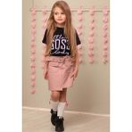 Riccotarz Kız Çocuk Little Boss Yazı Baskılı T-Shirt Cep Detaylı Kemerli Pudra Deri Etekli Takım - 3 - 4 Yaş