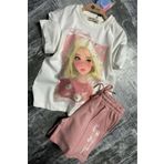 Riccotarz Kız Çocuk Papatya Ve The Beauty Yazı Baskılı Penye T-Shirt Pudra Şortlu Takım