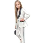 Riccotarz Kız Çocuk Taş İşleme Şal Yaka Blazer Ceket Dantel Detaylı Bluz Şerit Detaylı Beyaz Alt Üst Takım Beyaz 8-9 YAŞ
