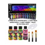 Rich 12 Renk 60 cc Master Boya + 3 Adet Neon Akrilik Boya + 1 Adet Vernik + Palet ve 3'lü Fırça Seti