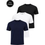 Rich Erkek 3'lü Siyah-Beyaz-Lacivert Paket %100 Pamuk Slim Fit Sporcu Tişört Basic Bisiklet Yaka Kısa Kollu T-Shirt - Siyah - Beyaz - Laci - XL