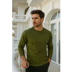 Rich Erkek Haki Uzun Kollu Bisiklet Yaka Tişört - %100 Pamuk Basic Relaxed T-shirt