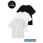 Rich Erkek Siyah-Beyaz-Grimelanj 3'lü Paket Siyah-Beyaz-Gri Melanj Pamuklu Oversize Tişört Bisiklet Yaka