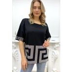 RICH GLAM Bol Kalıp Büyük Beden Omuzları Açık Yazılı Crystal Taşlı Siyah Pamuk Kadın T-shirt
