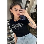 RICH GLAM Büyük Beden Beautiful Yazılı Crystal Taşlı Kısa Kol Bisiklet Yaka Şık Pamuk Siyah Kadın T-shirt