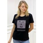 RICH GLAM Büyük Beden Bisiklet Yaka Beautiful Yazılı Crystal Taşlı Siyah Şık Pamuklu Kısa Kol Kadın T-shirt