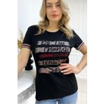 RICH GLAM Büyük Beden Renkli Yazılı Crystal Taşlı Kısa Kol Bisiklet Yaka Şık Pamuk Siyah Kadın T-shirt Tişört