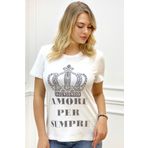 RICH GLAM Büyük Beden Taç Desen Yazılı Crystal Taşlı Plus Size Şık Rahat Beyaz Kadın Kısa Kol T-shirt