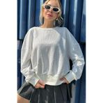 RICH GLAM Crystal Taşlı Bol Kesim Oversize Büyük Beden Üç Iplik Pamuk Rahat Şık Salaş Ekru Kadın Sweatshirt