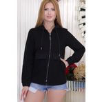 RICH GLAM Crystal Taşlı Kapüşonlu Fermuarlı 3 iplik Pamuk Siyah Şık Büyük Beden Cepli Siyah Kadın Sweatshirt