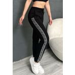 RICH GLAM Crystal Taşlı Lastik Paçalı İki İplik Premium Pamuk Kadın Büyük Beden Siyah Jogger Eşofman Altı