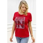 RICH GLAM Yazılı Crystal Taşlı Büyük Beden Bisiklet Yaka Kısa Kol Pamuk Rahat Şık Kırmızı Kadın T-shirt Tişört