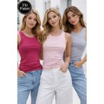 Rich Kadın 3'lü Paket Fuşya-Gri-Açık Pembe Sıfır Kol Kaşkorse Body-Bisiklet Yaka %100 Pamuk Atlet Bluz - 961Fuşya