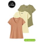 Rich Kadın 3'lü Paket Haki-Sarı-Kahverengi %100 Organik Pamuk Normal Kesim Tişört V Yaka T-Shirt