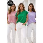 Rich Kadın 3'lü Paket Lila-Gül Kurusu-Çimen Yeşili Pamuklu Duble Kol Detaylı Rahat Kalıp T-Shirt