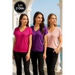 Rich Kadın 3'lü Paket Mor-Pembe-Pudra Viskon V Yakalı T-shirt Kısa Kollu Rahat Kesim Bluz