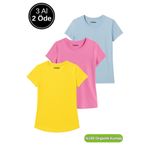 Rich Kadın 3'lü Paket Sarı-Pembe-Mavi %100 Organik Pamuk Normal Kesim Tişört Bisiklet Yaka T-Shirt