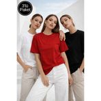Rich Kadın 3'lü Paket Siyah-Beyaz-Kırmızı %100 Pamuk Oversize Basic Tişört Bisiklet Yaka Relaxed T-Shirt