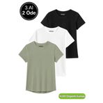 Rich Kadın 3'lü Paket Siyah-Beyaz-Koyu Mint %100 Organik Pamuk Normal Kesim Tişört Bisiklet Yaka T-Shirt