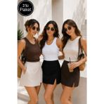 Rich Kadın 3'lü Paket Siyah-Kahve-Krem Sıfır Kol Kaşkorse Body-Bisiklet Yaka %100 Pamuk Atlet Bluz - Bej - Kahverengi