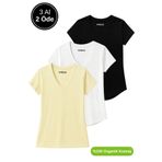 Rich Kadın 3'lü Paket Siyah-Sarı-Beyaz %100 Organik Pamuk Normal Kesim Tişört V Yaka T-Shirt