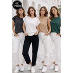 Rich Kadın 4'lü Paket Koyu Yeşil-Sütlü Kahve-Antrasit-Beyaz Pamuklu Duble Kol Detaylı Rahat Kalıp T-Shirt