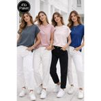 Rich Kadın 4'lü Paket Parlament-Füme-Pudra-Gül Kurusu Pamuklu Duble Kol Detaylı Rahat Kalıp T-Shirt