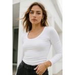 Rich Kadın Beyaz U Yaka Esnek Uzun Kollu Pamuklu Bluz
