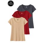 Rich Kadın Füme - Bordo - Bej 3'lü Paket %100 Pamuk Kısa Kollu Tişört