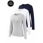 Rich Kadın Gri Melanj-Beyaz-Lacivert 3'lü Paket Bisiklet Yaka Uzun Kollu Body