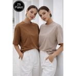 Rich Kadın Kahverengi-Bej 2'li Paket Premium Modal Kumaş Oversize Tişört