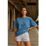 Rich Kadın Mavi %100 Pamuk Oversize Basic Tişört – Rahat Kalıp Relaxed Bisiklet Yaka T-Shirt