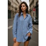 Rich Kadın Mavi Beyaz Oversize Ekoseli Gömlek Over Fit Relaxed Gömlek