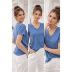 Rich Kadın Mavi Yumuşak Dokulu İnterlock V Yaka Basic T-Shirt