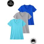 Rich Kadın Saks-Turkuaz-Gri Melanj 3'lü Paket Yırtmaçlı Viskon V Yaka T-Shirt - Çok Renkli