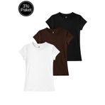 Rich Kadın Siyah Beyaz Kahverengi 3'li Paket Slim Fit Pamuk Crop T-Shirt
