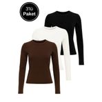 Rich Kadın Siyah-Beyaz-Kahverengi 3'lü Paket Bisiklet Yaka Vücuda Oturan Uzun Kollu Crop Body