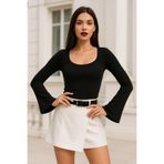 Rich Kadın Siyah Soft Touch Fitilli Çan Kollu Bluz