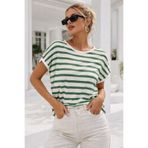 Rich Kadın Yeşil Beyaz Çizgili Yarasa Kol T-Shirt | Şık Basic Tişört