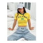 Richarlison Kadın Sarı Brasıl Baskılı %100 Pamuklu Kısa Kollu Slimfit Likralı Bluz Crop