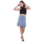RICHMOST Pileli ve Çan Modelli Cepsiz Astarsız Kadın Kısa Kot Etek Durulanmış Mavi Denim Yaz / Bahar