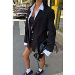 RICHMOST Uzun Kollu ve Düğme Kapamalı Kruvaze Yakalı Oversize Blazer Kadın Keten Ceket Siyah